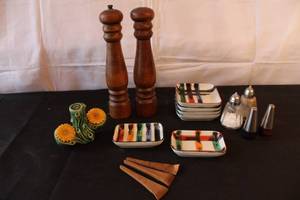 lot 204 image: Kitchenware Collection with Salt and Pepper Shakers, Wooden Mills, Ceramic Dishes, and Flower Toothpick Holder
