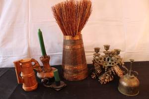 lot 209 image: Vintage Decor Collection with Copper Wood Pitcher, Candlesticks, Brass Candelabra, and Pinecones