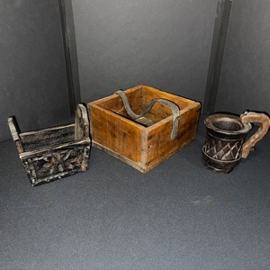 lot 210 image: Set of 3 Antique Rustic Wooden Containers with Hand-Carved Details