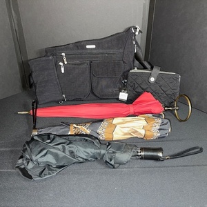 lot 211 image: Baggalini Black Shoulder Bag, Quilted Pouch, and 3 Umbrellas Collection