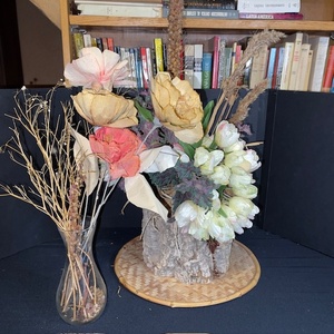 lot 213 image: Artificial Floral Arrangements with Bark Base and Glass Vase