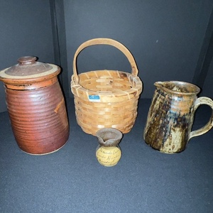 lot 214 image: Collection of 4 Vintage Stoneware Crock, Basket, and Pitchers