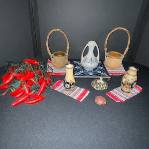 lot 215 image: Decorative Pottery Collection with Chili Pepper String Lights and Tray