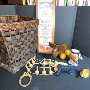 lot 263 image: Vintage Collectibles Lot with Wicker Basket, Toys, and Decor Items