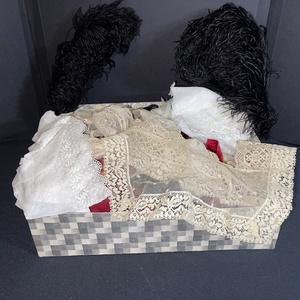 lot 266 image: Collection of Vintage Lace Trims and Black Feather Plumes in Decorative Box