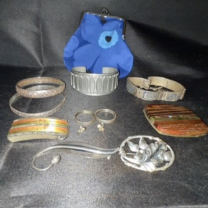 lot 350 image: Vintage Jewelry and Accessory Collection with Blue Floral Coin Purse