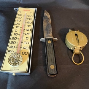 lot 355 image: Vintage Sunbeam Thermometer, Fixed-Blade Knife, and Engineer Compass Set