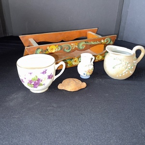 lot 234 image: Vintage Decor Set with Painted Wood Tray, Porcelain Cup, Pitchers, and Figurine