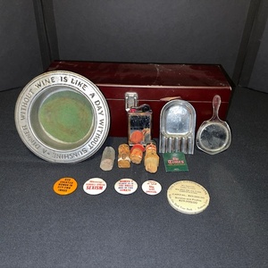 lot 268 image: Vintage Collectibles Lot with Advertising Tokens, Wine Plate, Cork Stoppers, and Mirrors