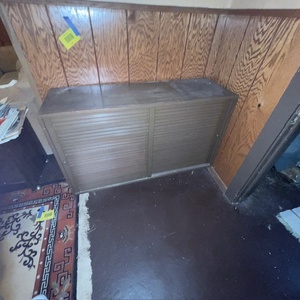 lot 270 image: Brown Wood Storage Cabinet with Sliding Doors