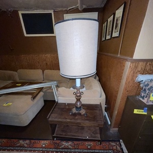 lot 272 image: Vintage Table Lamp with Tall Shade and Wooden Side Table