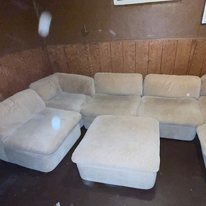 lot 273 image: Beige Sectional Sofa with Ottoman and Chevron Pattern Upholstery