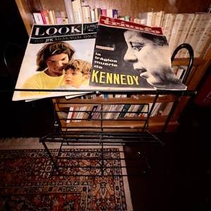 lot 281 image: Vintage JFK Memorial Magazines with Black Metal Magazine Rack