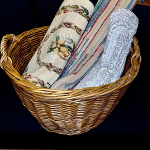 lot 284 image: Wicker Basket with 3 Assorted Decorative Rugs