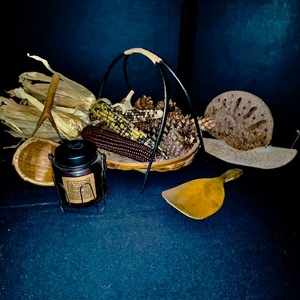 lot 302 image: Rustic Fall Home Decor Set with Basket, Pinecones, Indian Corn, and Blueberry Muffin Jar