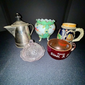 lot 308 image: Vintage Collectibles Lot Silver Pitcher, Porcelain Vase, Stein, Cut Glass Dish, Souvenir Cup