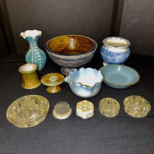 lot 310 image: Collection of Pottery and Glass Flower Arrangers, Bowls, and Vases