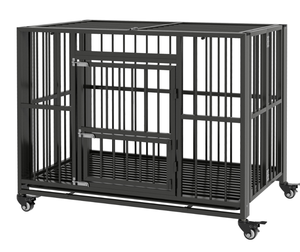 lot 12 image: PawHut 43 Heavy Duty Dog Crate, Strong Steel Foldable Large Dog Crate with 4 Lockable Wheels, Double Doors, Openable Top and Removable Trays for Medium and Large Dogs, Black  43 x 28 x 33.75