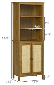 lot 15 image: HOMCOM Rustic Bookshelf with Cabinet & Rattan, Tall Bookshelf Library, Wooden Bookcase with Doors and Shelves, Study Living Room Home Office, Walnut