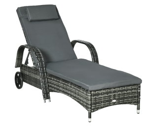 lot 52 image: Outsunny Wicker Outdoor Chaise Lounge, 5-Level Adjustable Backrest PE Rattan Pool Lounge Chair with Wheels, Cushion & Headrest, Mixed Gray and Charcoal Gray