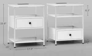 lot 64 image: HOMCOM Set of 2 Side Tables with Charging Stations and LED Lights, End Tables with Drawer and Shelves for Living Room, White (Maybe Missing Hardware)