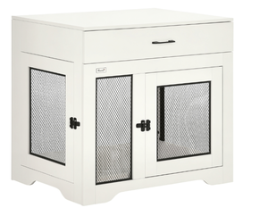 lot 65 image: PawHut Dog Crate Furniture with Soft Water-Resistant Cushion, Dog Kennel End Table with Drawer, Puppy Crate for Small Dogs Indoor with 2 Doors, White 31.5 x 22.75 x 29.5