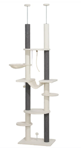 lot 74 image: PawHut 89- 100 Floor to Ceiling Cat Tree with Scratching Posts, Hammock, Perches & Toy Balls, White (Maybe Missing Hardware)