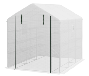 lot 75 image: Outsunny 8 x 6 x 7 Portable Walk in Greenhouse with Mesh, Door, Windows, 18 Shelf, Trellis, Plant Labels, White