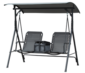 lot 77 image: Outsunny 2-Seat Outdoor Porch Swing, with Pivot Storage Table, Cup Holder, & Adjustable Overhead Canopy, Stands Skid-Resistant Feet Pad, Breathable Mesh Seat, Steel Frame, for Patio, Gray