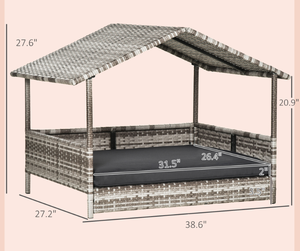 lot 82 image: PawHut Wicker Dog House Elevated Raised Rattan Bed with Removable Cushion Lounge, Charcoal Gray (Missing Hardware)