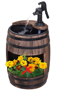 lot 207 image: Outsunny 23 H Outdoor Water Fountain Wood and Plastic Rustic Apple Barrel Pump Garden Decor for Outside Backyard