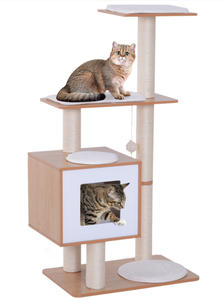 lot 210 image: PawHut 47� Modern Cat Tree Multi-Level Scratching Post With Cube Cave Enclosure - Oak Wood and White