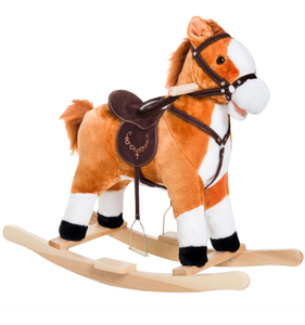 lot 211 image: Qaba Kids Plush Toy Rocking Horse, Wooden Ride-on Chair, Plush Animal Rocker with Realistic Sounds and Moving Tail for Toddlers, Brown