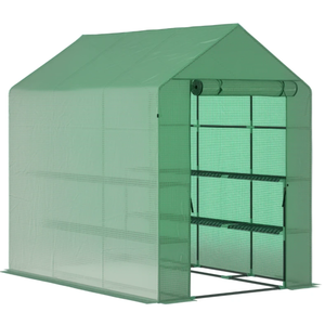 lot 214 image: Outsunny 7 x 5 x 6 Walk-in Greenhouse for Outdoors with Mesh Door, 18 Shelf Hot House with Trellis, Plant Labels, UV Protective for Growing Flowers, Herbs, Vegetables, Saplings, Green
