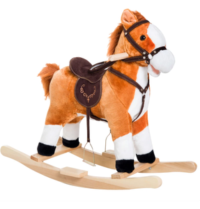 lot 220 image: Qaba Kids Plush Toy Rocking Horse, Wooden Ride-on Chair, Plush Animal Rocker with Realistic Sounds and Moving Tail for Toddlers, Brown