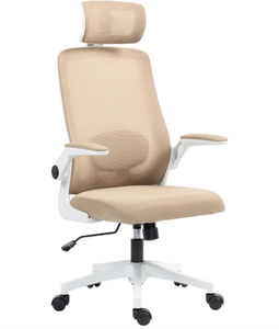 lot 426 image: HOMCOM Mesh Office Chair, Ergonomic Desk Chair with Flip-up Armrest, Rotatable Headrest, Adjustable Lumbar Support, Khaki
