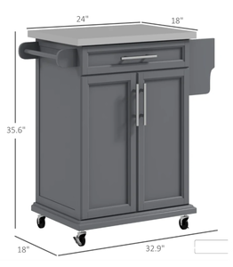 lot 40 image: HOMCOM Kitchen Island on Wheels, Rolling Kitchen Cart with Stainless Steel Countertop, Drawer, Towel Rack and Spice Rack, Utility Storage Trolley, Gray