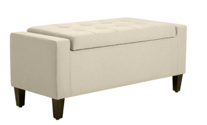 lot 256 image: HOMCOM 36 Ottoman with Storage, Storage Ottoman Bench with Lift Top and Rubberwood Legs, Linen Upholstered Entryway Bench with Seating for Living Room, Bedroom, Holds up to 330 lb, Beige