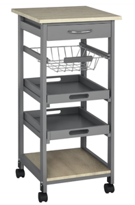 lot 321 image: HOMCOM Mobile Kitchen Cart, Rolling Kitchen Island with Storage, Solid Wood Frame Utility Cart with Wire Fruit Baskets, Trays and Drawer, Gray (Missing Part #8 In Manual)