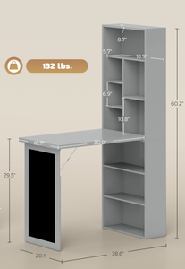 lot 20 image: HOMCOM Fold-out Convertible Office Desk, Wall Mount Computer Desk with Blackboard and Side Shelf, Charcoal Gray