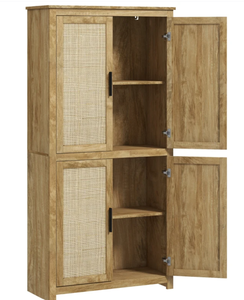 lot 91 image: HOMCOM 64 Kitchen Pantry, Tall Storage Cabinet with 4 Rattan Doors, 4 Tier Shelves and Adjustable Shelf, Natural 31.5 W x 13 D x 64 H