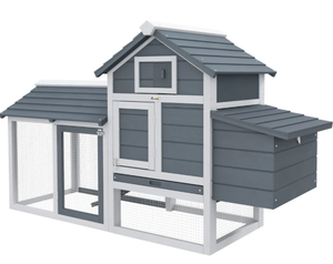 lot 93 image: PawHut 59 Small Wooden Chicken Coop Hen House Poultry Cage for Outdoor Backyard with 2 Doors, Nesting Box and Removable Tray, White (USED)