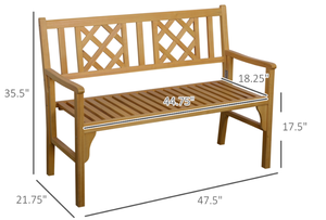 lot 94 image: Outsunny 4FT Folding Outdoor Bench, 2-Seater Wooden Garden Bench with Slatted eat and Back, Patio Bench Outdoor Loveseat with Armrests for Backyard, Porch, Park, Natural (Minor Transit Damage)