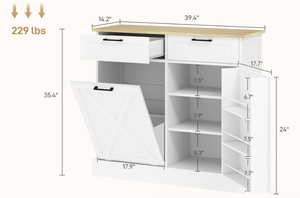 lot 96 image: HOMCOM 10 Gallon Farmhouse Kitchen Cabinet with Hidden Trash Can and 2 Drawers, Tilt Out Trash Can Cabinet for Kitchen, White
