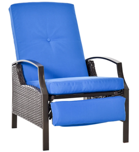 lot 99 image: Outsunny Outdoor Recliner Chair, Reclining Patio Lounge Chair with Comfy Cushions, Footrest, Armrests, PE Wicker for Balcony, Porch, Blue