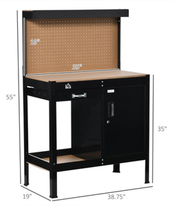 lot 305 image: HOMCOM Multipurpose Workbench, Workshop Tool Table with Slide Drawer. Peg Board, Storage Cabinet with Keys (Missing Hardware)