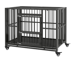 lot 306 image: PawHut 43 Heavy Duty Dog Crate, Strong Steel Foldable Large Dog Crate with 4 Lockable Wheels, Double Doors, Openable Top and Removable Trays for Medium and Large Dogs, Black  43 x 28 x 33.75