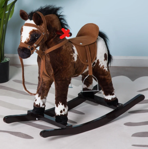 lot 308 image: Qaba Kids Wooden Plush Ride-On Rocking Horse Chair Toy with Realistic Sounds Dark BrownWhite (Missing Part Handles)