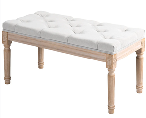 lot 320 image: HOMCOM 32 Linen Upholstered Bedroom Bench, French End of Bed Bench with Thick Padded Cushion and Wooden Legs, Cream White