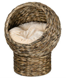 lot 330 image: PawHut Handwoven Elevated Cat Bed with Soft Cushion & Egg Chair Shape, Basket Bed Kitty House with Stand, Raised Wicker House for Indoor Cats, 20 H, Gray